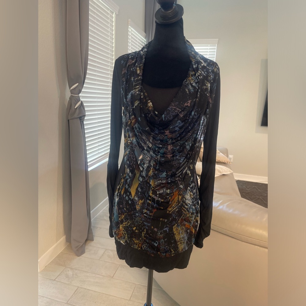 Y2K Vivienne Tam graphic mesh print long sleeves tunic dress M